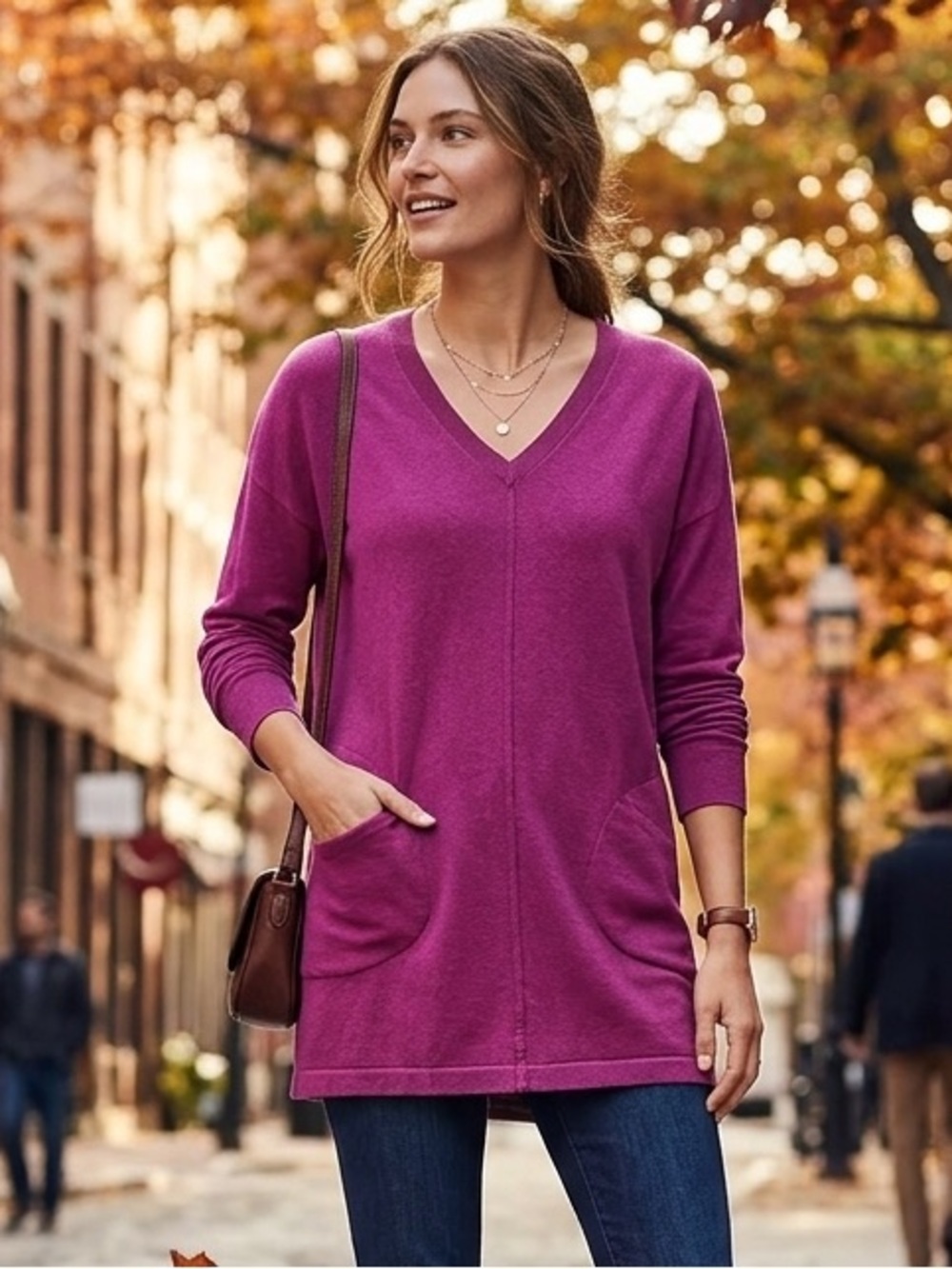 Lands' End Magenta Cotton V-Neck Pocket Tunic Sweater - Size S